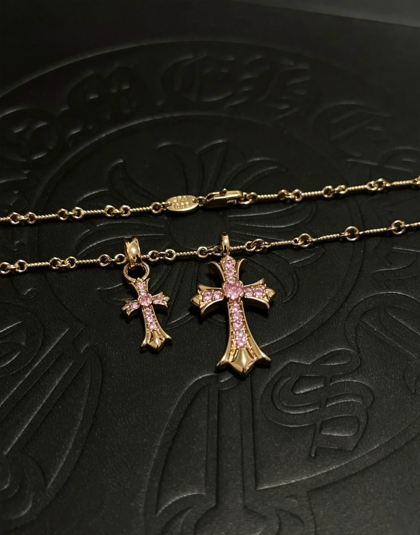 Chrome Hearts Gold Cross Pendant Necklace with Pink Stones